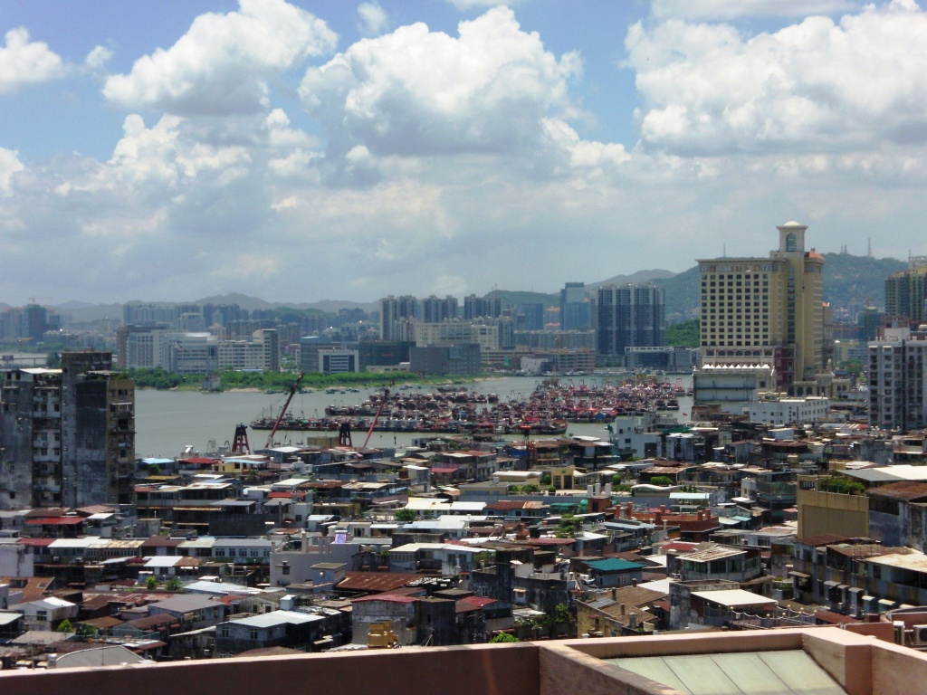 Looking at Macau Inner Harbour from Penha Hill. The Macau old city center is compact and densely populated.