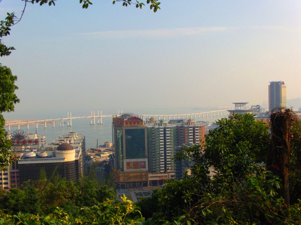 Macau Outer Harbour from Guia Hill. Guia Hill is the highest hill in Macau Peninsula. It is 90 m above the sea level.