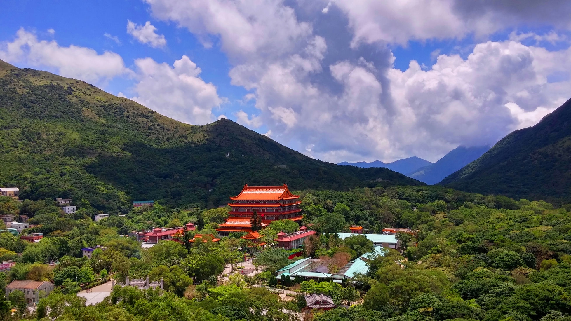 Po Lin Monastery Great Hall of Heroes and Ten Thousand Buddhas Hall from Big Buddha