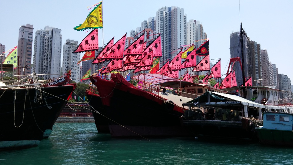 Aberdeen fishing boats with flags for celebrating Dragon Festival