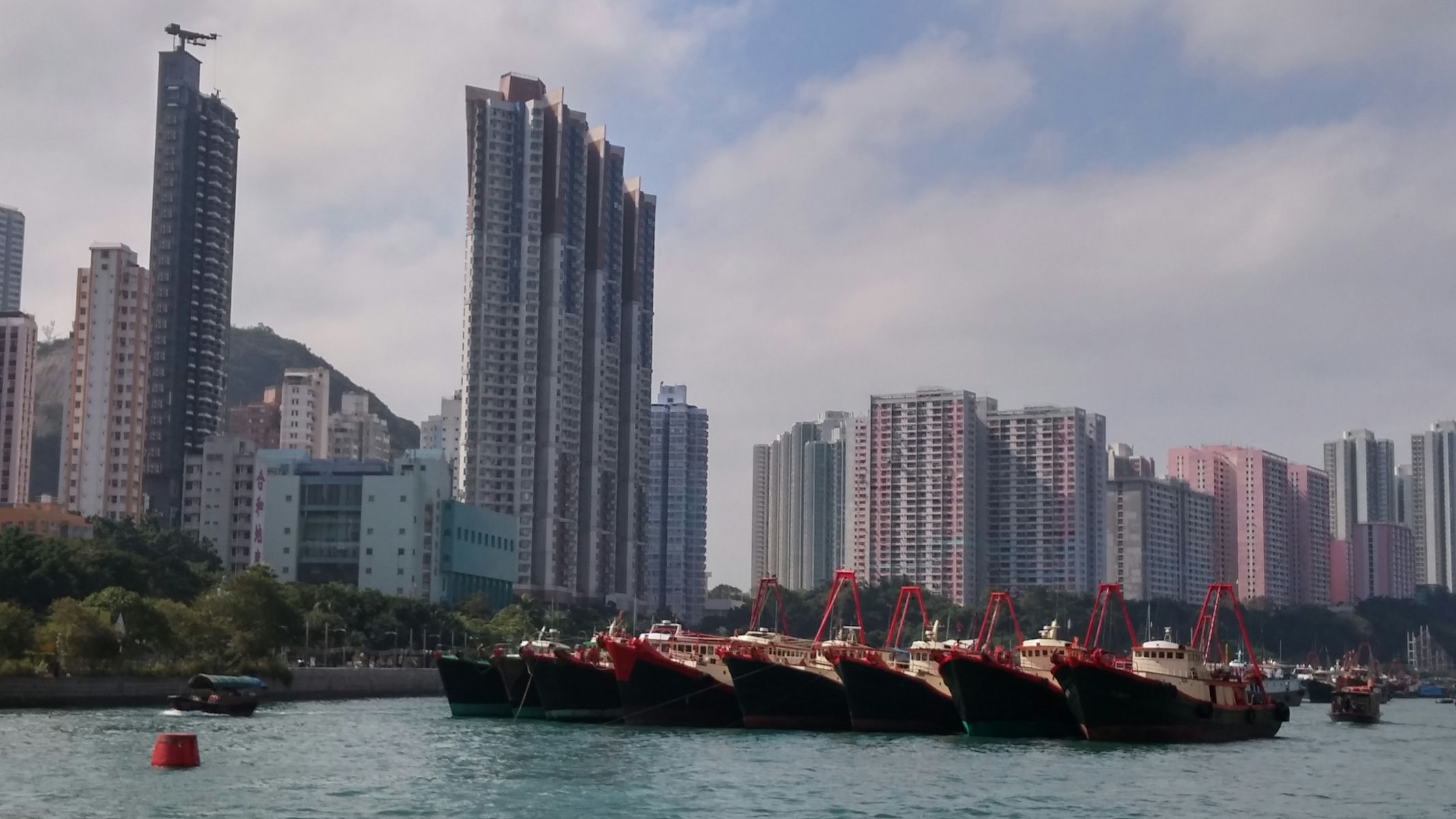Ap Lei Chau and the trawlers at Aberdeen Typhoon Shelter