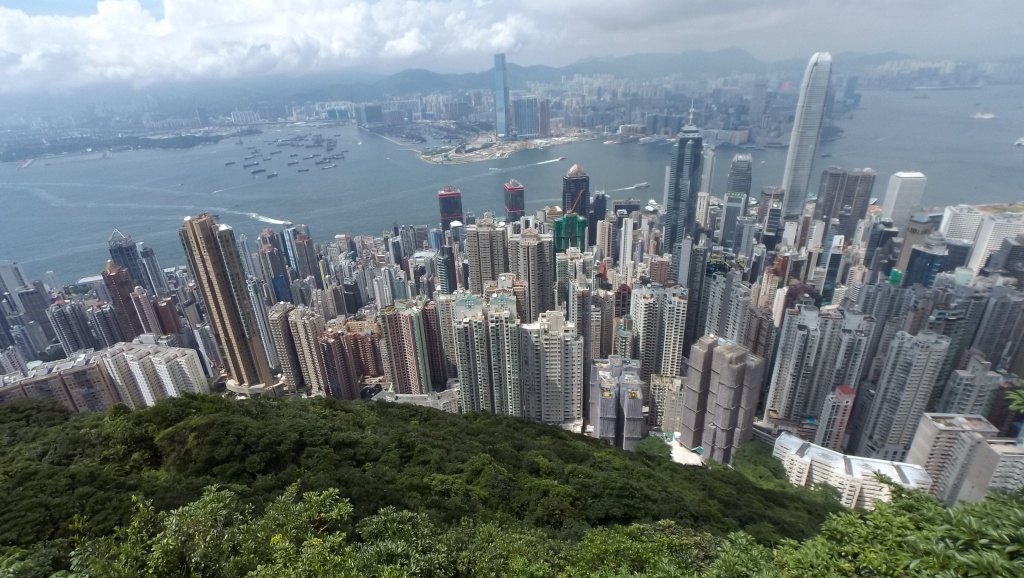 See the big contrast between the tall buildings and the country park at the Victoria Peak