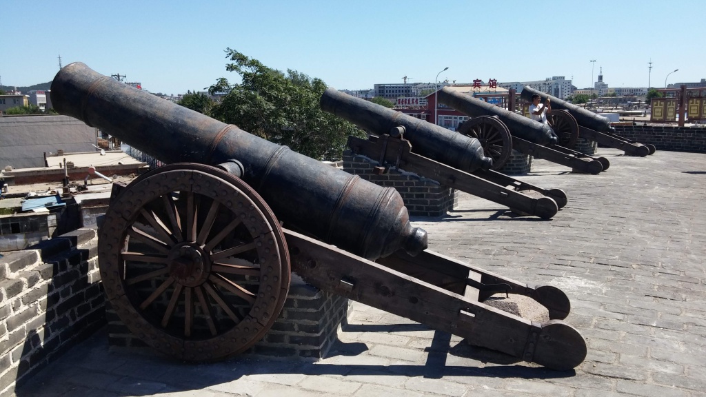 blue sky, trees, cannons on the castle