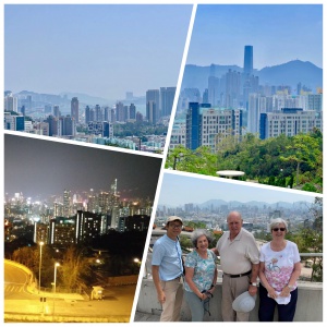 blue sky, tall buildings, trees, road, lights, daytime view, night view, four people take photo at lookout point