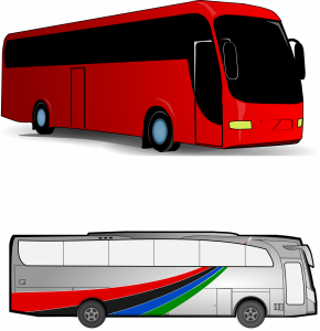 red long bus on the top, white long bus on the bottom
