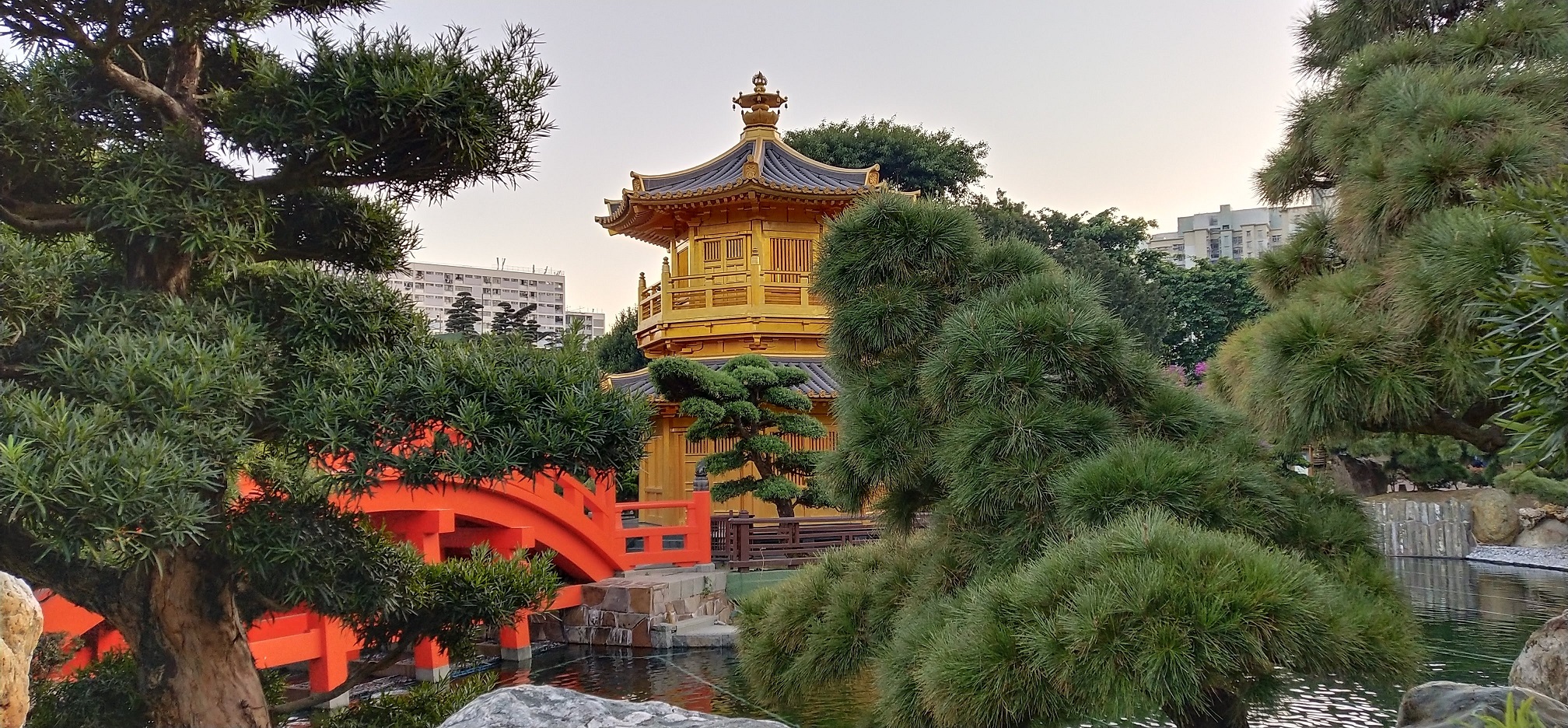 trees, stones, red wooden bridge, golden wooden pavilion