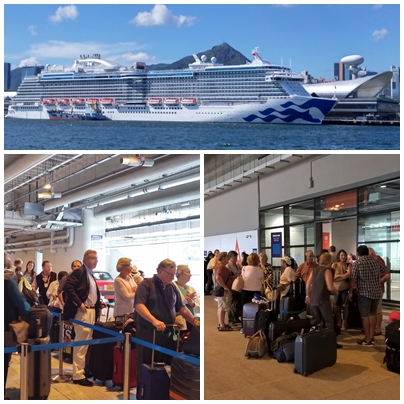 cruise ship, sunny day, crowds waiting taxi, crowds waiting for pick up