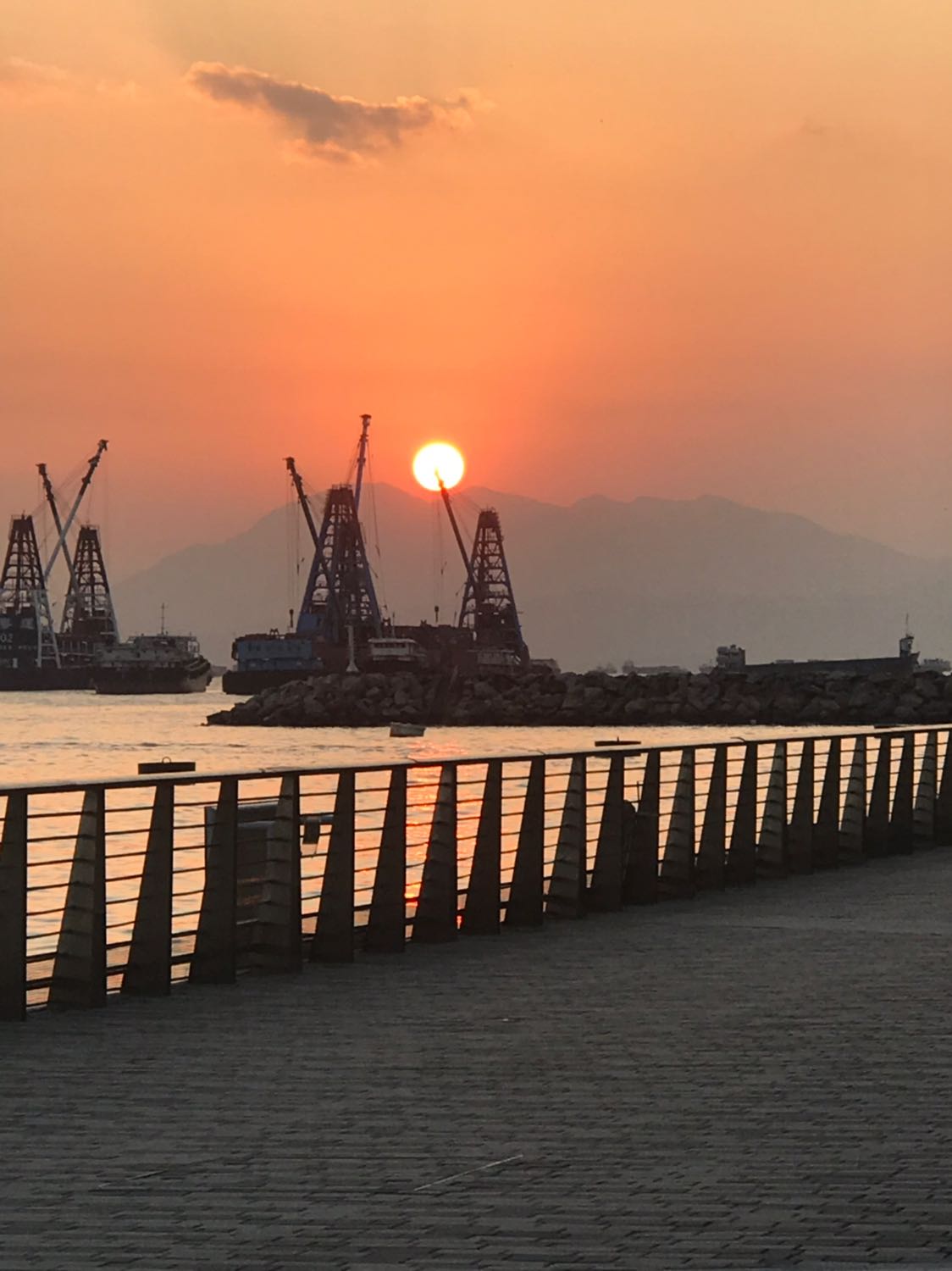 sunset, barge, waterfront promenade