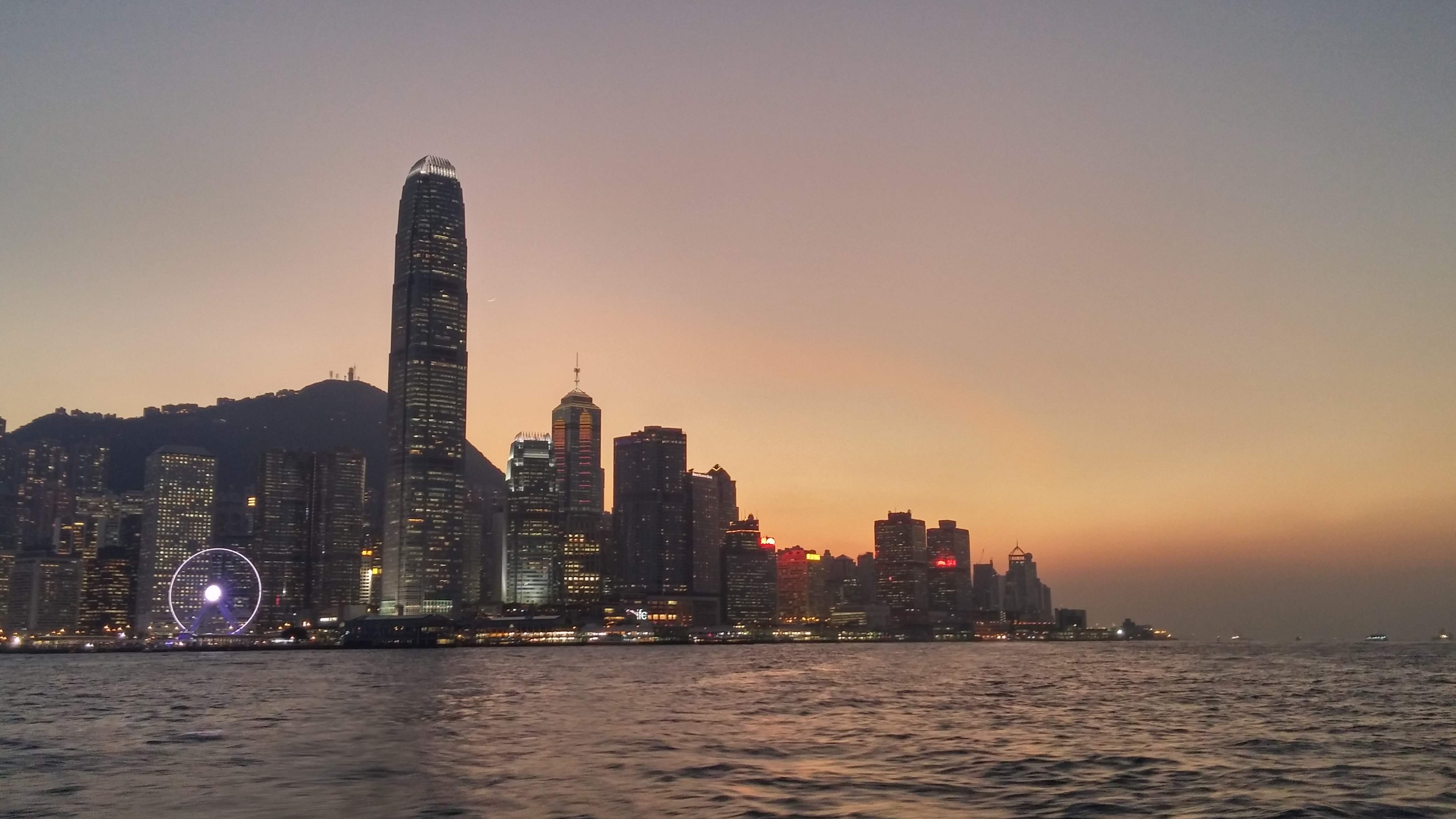 sea, skyscrapers, sunset