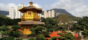 golden pavilion, red wooden bridge, trees, rocks, high rise buildings, blue sky, white cloud