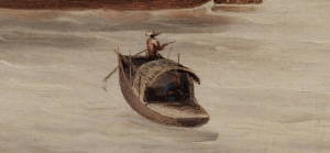 Sampan boat, fisherman rowing paddle