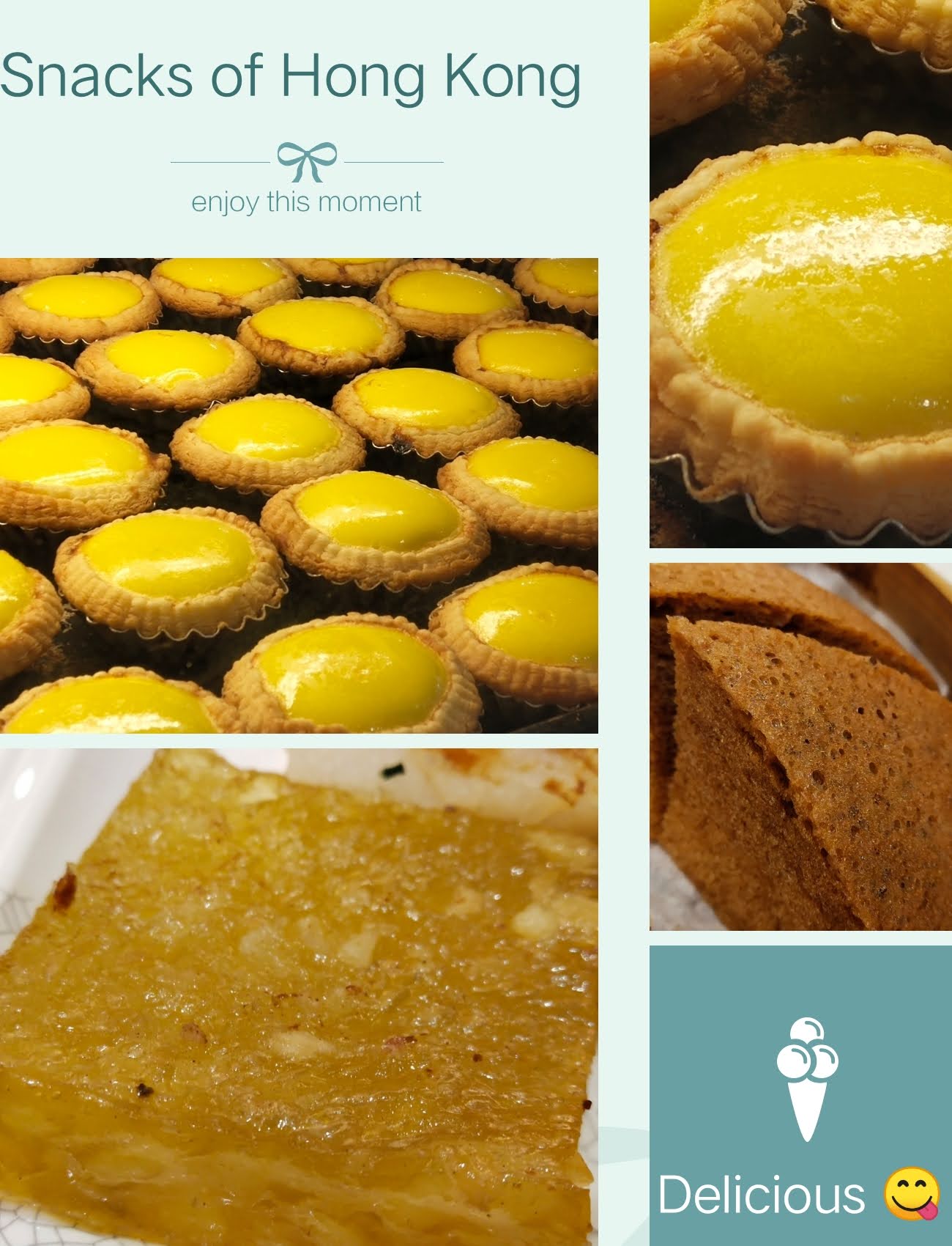 A collage, yellow egg tart, brown sponge cake, yellow water chestnut cake 