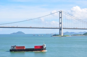 blue sky, white cloud, suspension bridge, sea, islands, ship