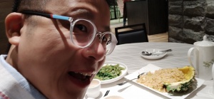 Frank with glasses, selfie, dinner