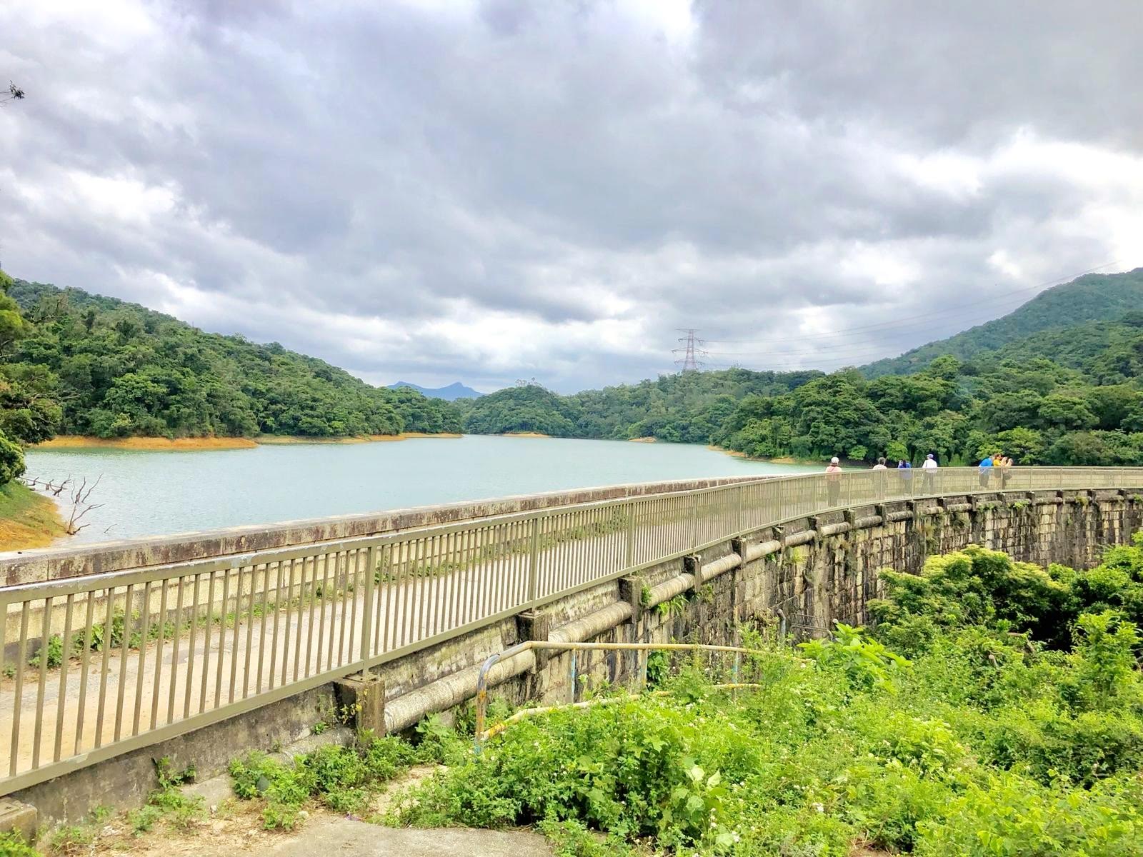 cloudy weather, green hill, reservoir, dam