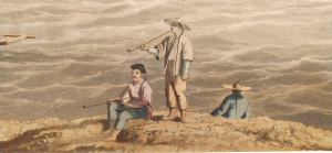 Two fishermen sitting on shore, one fisherman standing and smoking