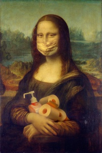 Mona Lisa with mask, toilet paper towel, shampoo