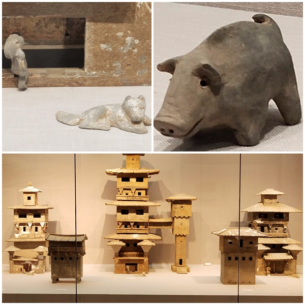 Unearthed funeral objects show you life of the past in Zhengzhou Museum, top left worker, guard dog of granary, top right pig kepy by farmers, bottom multi-story granary