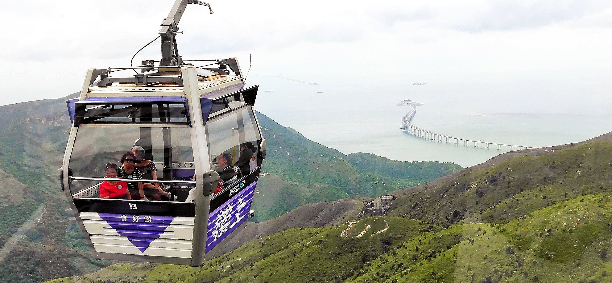 Ngong Cable Car cabin, mountain, sea, Hong Kong Macau Zhuhai Bridge