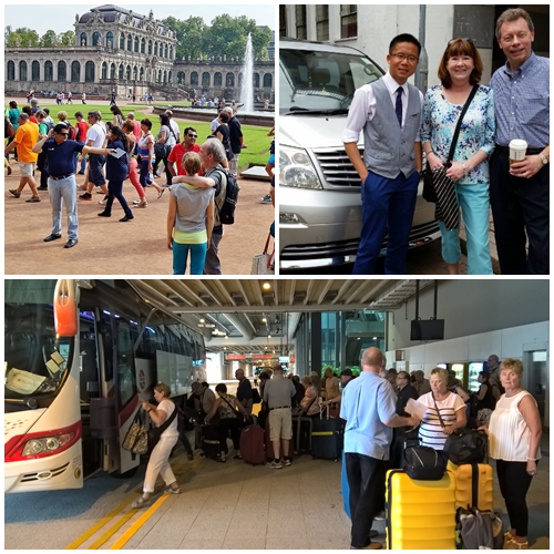 tour group at heritage, Frank with clients, tour group waiting bus