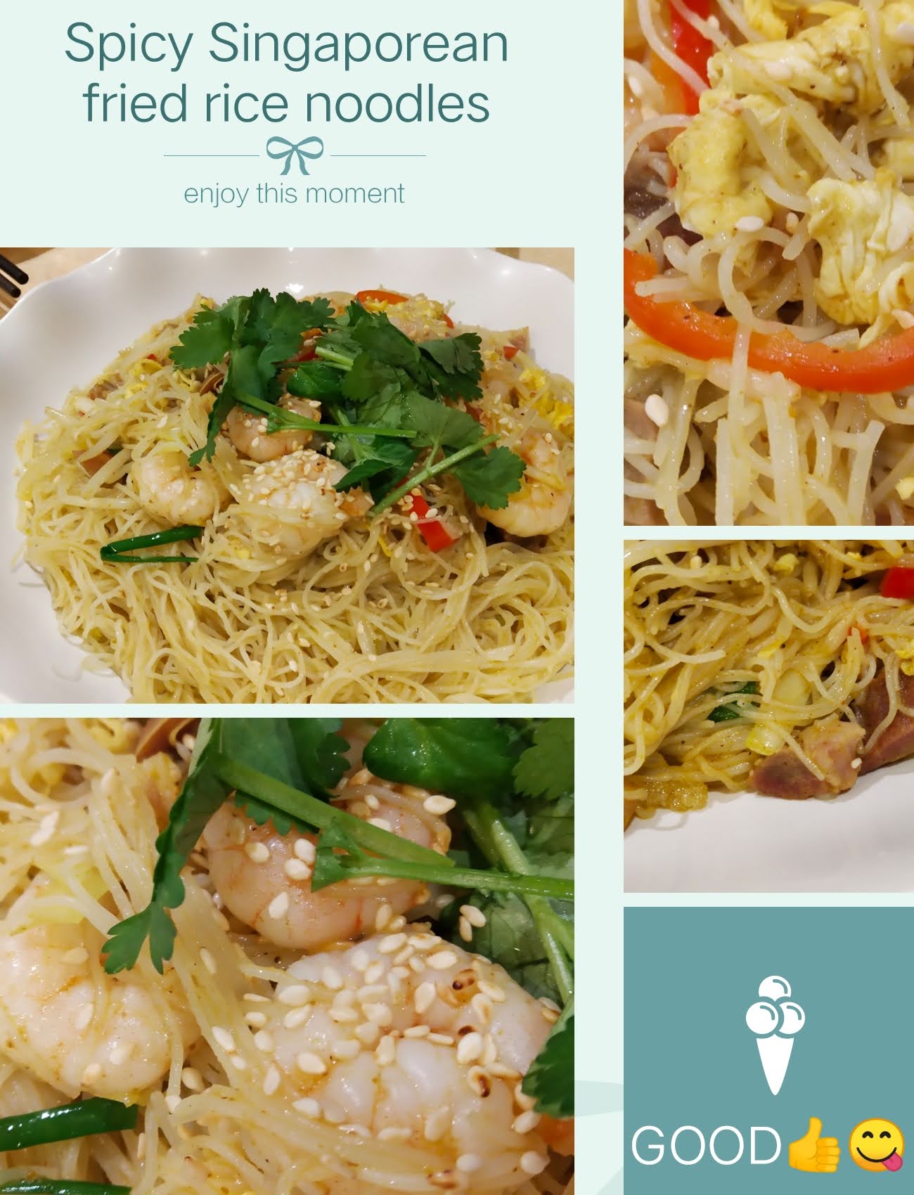 Singapore-style fried rice noodle collage