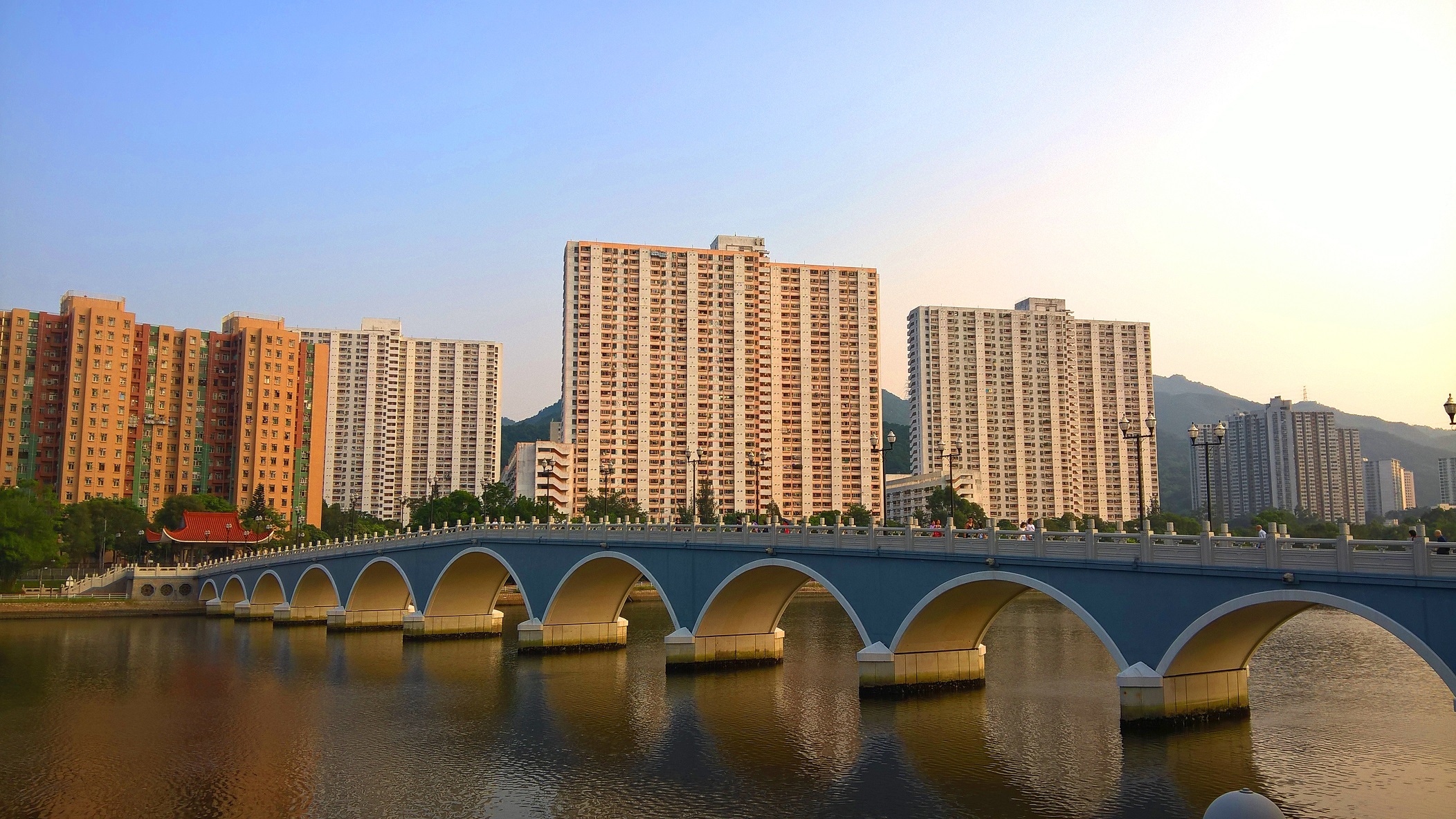 Sha Tin, sunset, bridge, river, buildings 