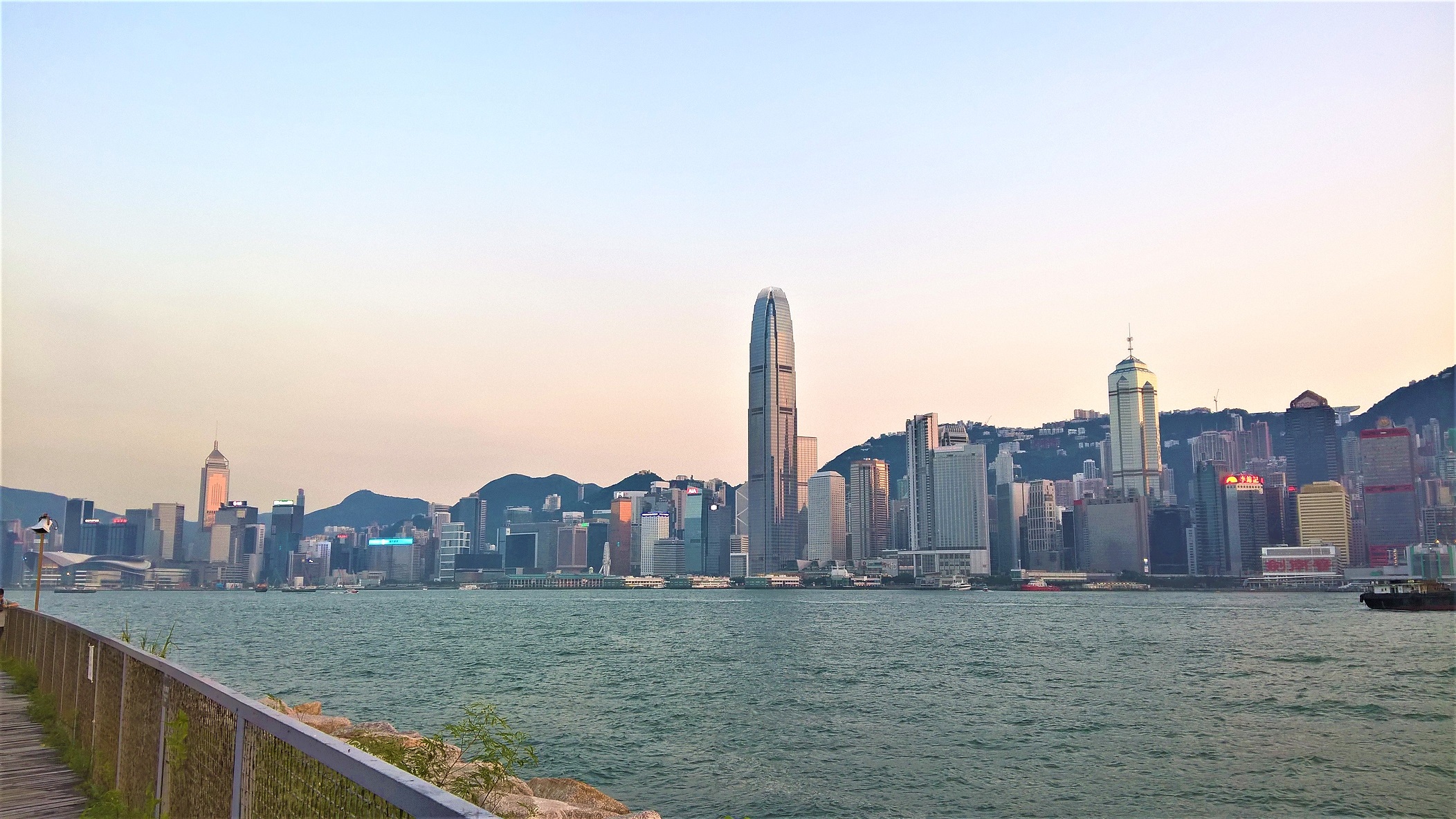 West Kowloon Water front Promenade, skyscrapers on Hong Kong Island