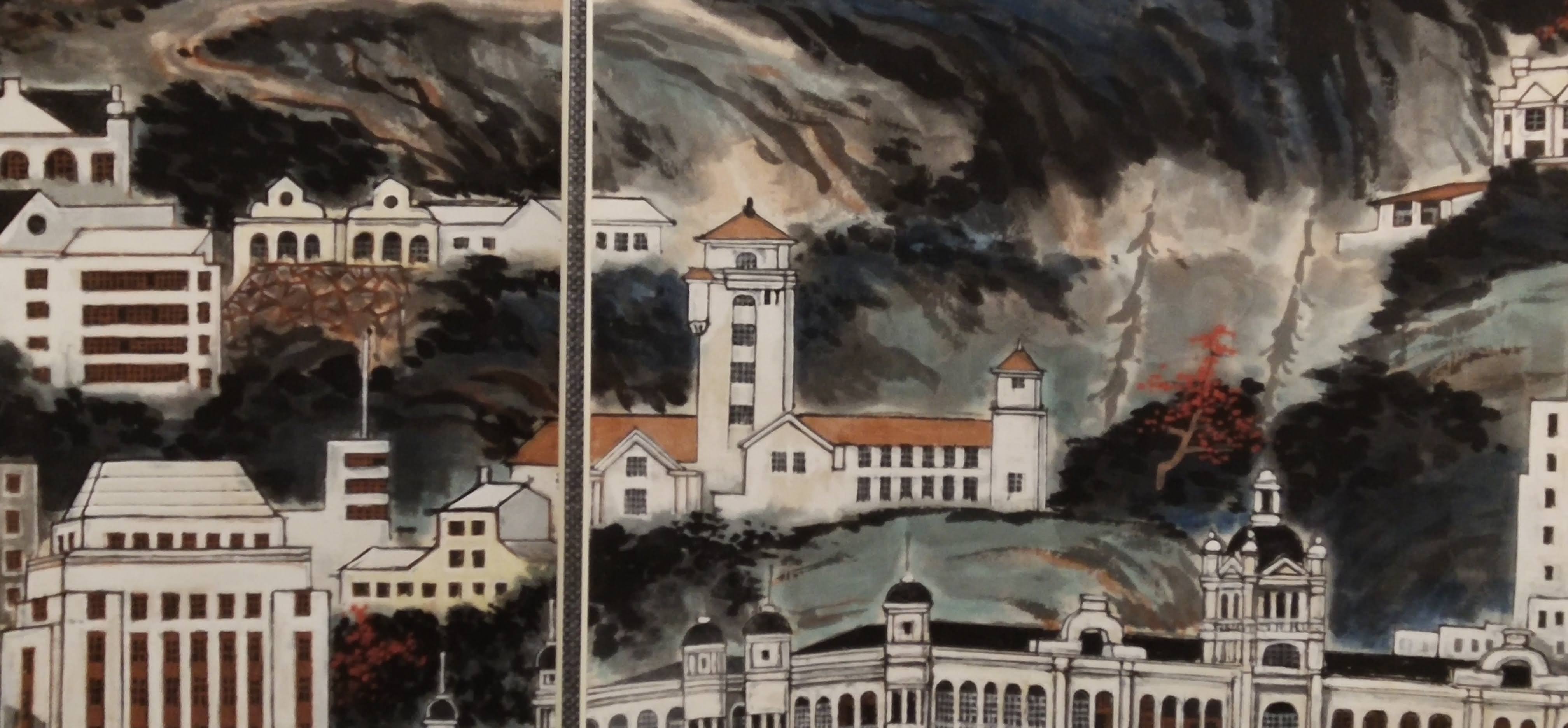 Hong Kong Government House (the white tower) in the old painting. Now because of other tall buildings, it cannot be seen from Kowloon anymore.