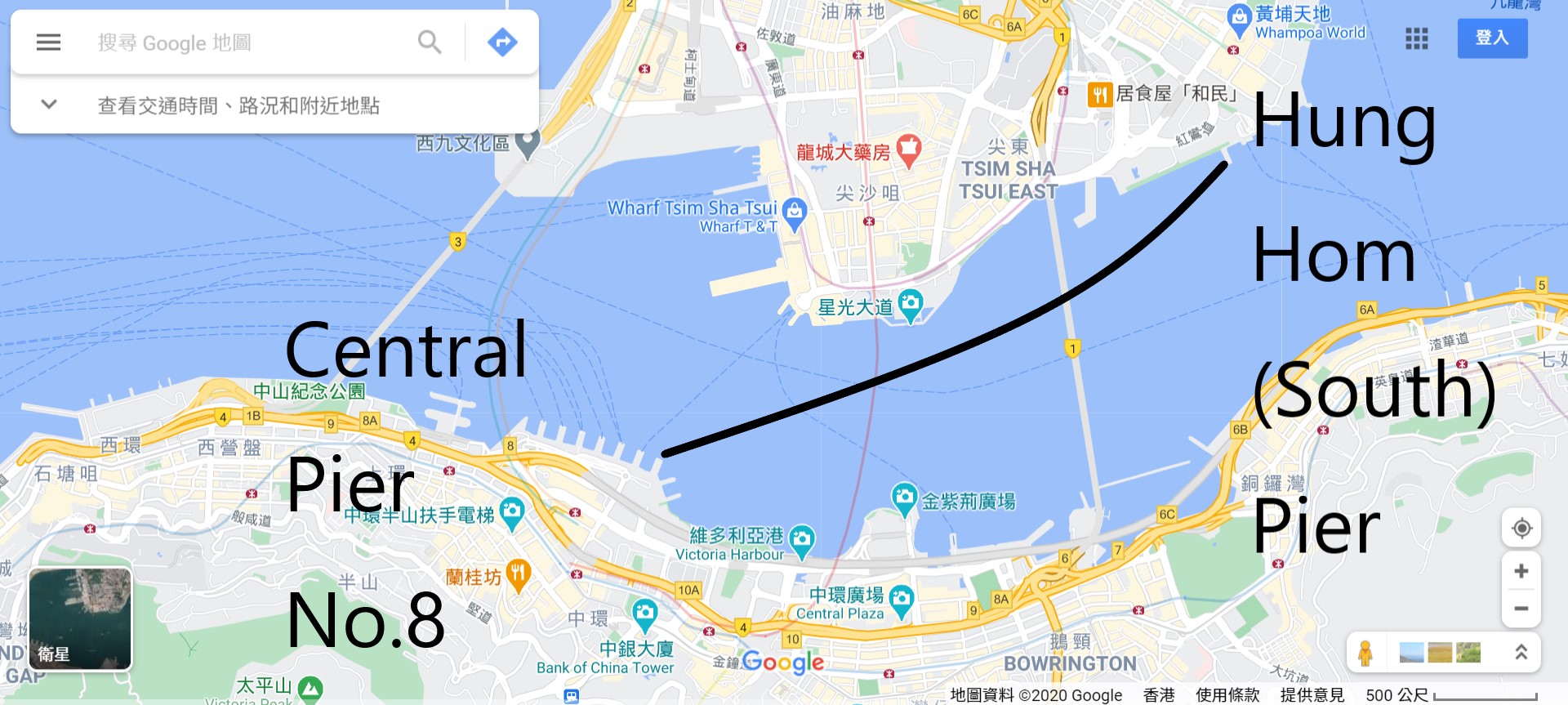 Hung Hom to Central ferry route