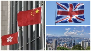 China flag, Hong Kong SAR flag, British flag, Victoria Harbor