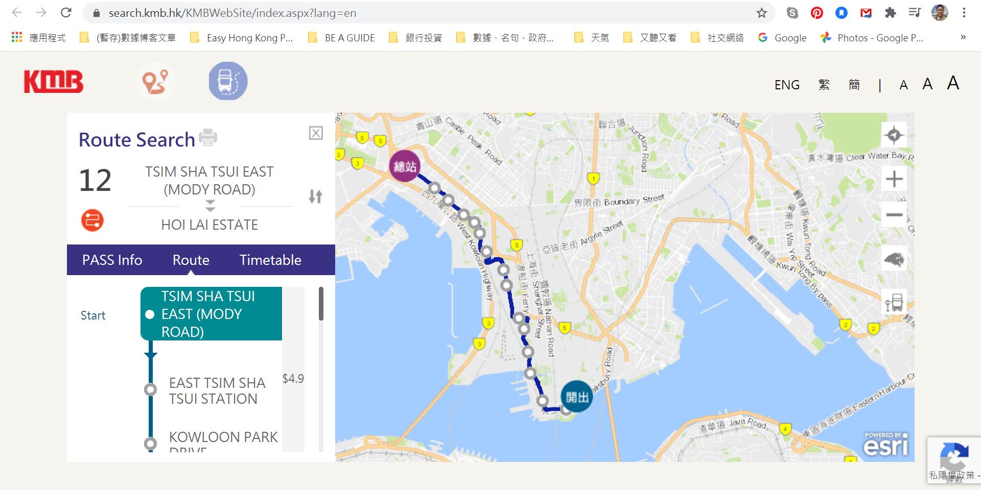 Route map of KMB bus route No 12