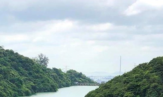 See Kowloon Byewash Reservoir Dam, Stonecutters Bridge and Kwai Tsing Container Terminal from the Main Dam of Kowloon Reservoir