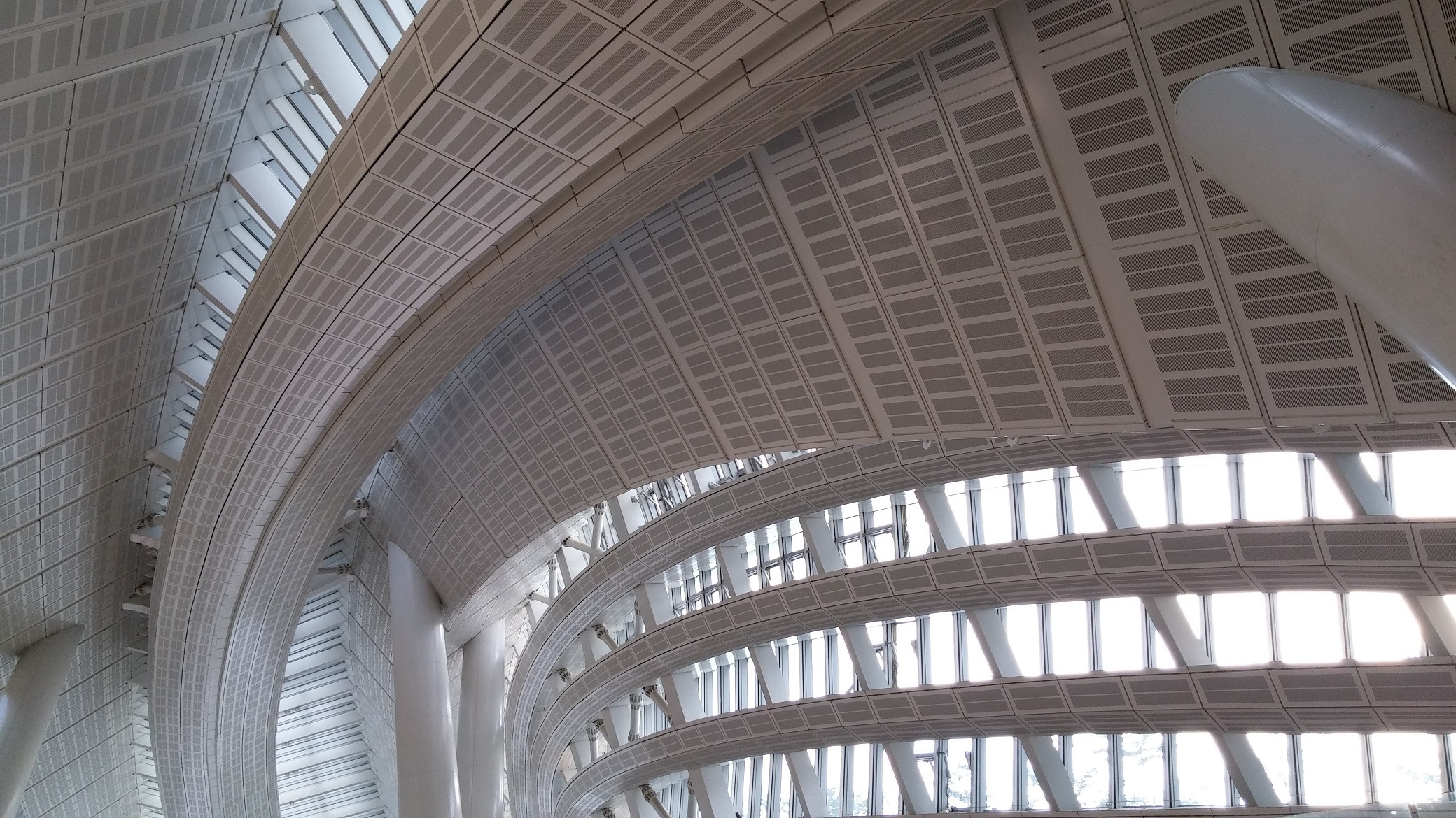 The curved ceiling and glass wall of West Kowloon Station