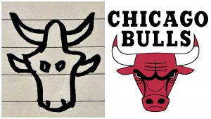 Chinese character for ox in bronze inscription and logo of Chicago Bulls look alike.