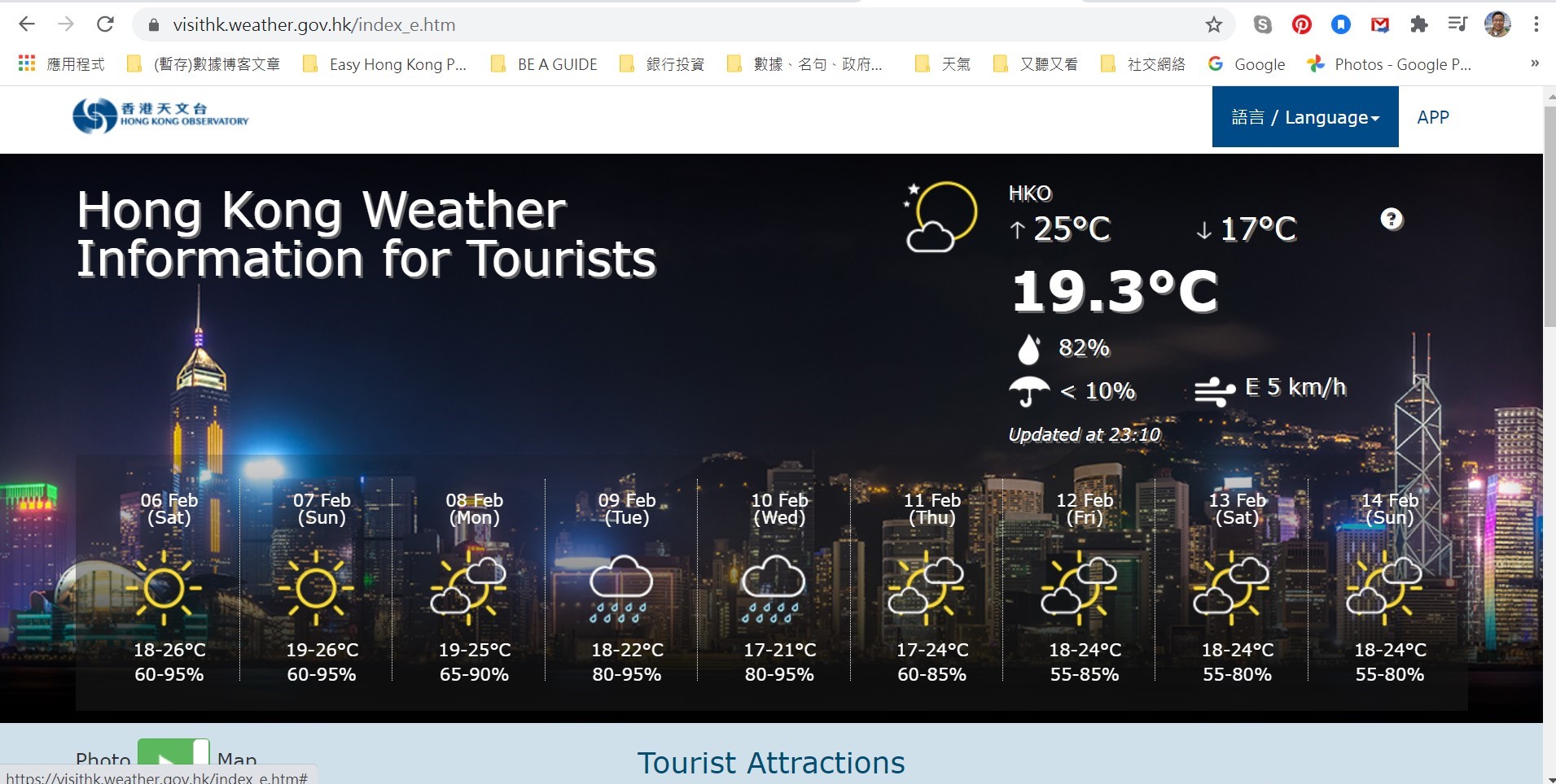 Hong Kong weather information for tourists page in Hong Kong Observatory website