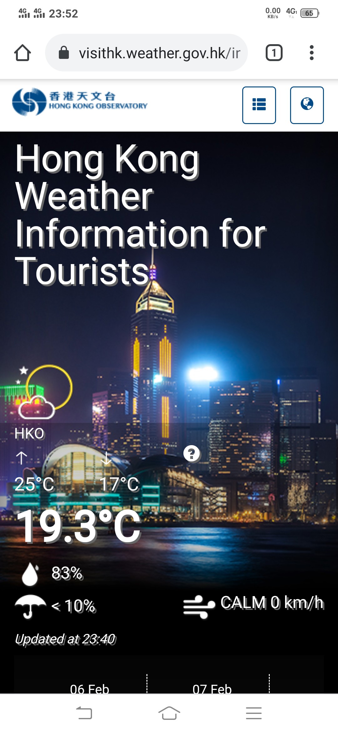 Smart phone screenshot for Hong Kong weather information for tourists page