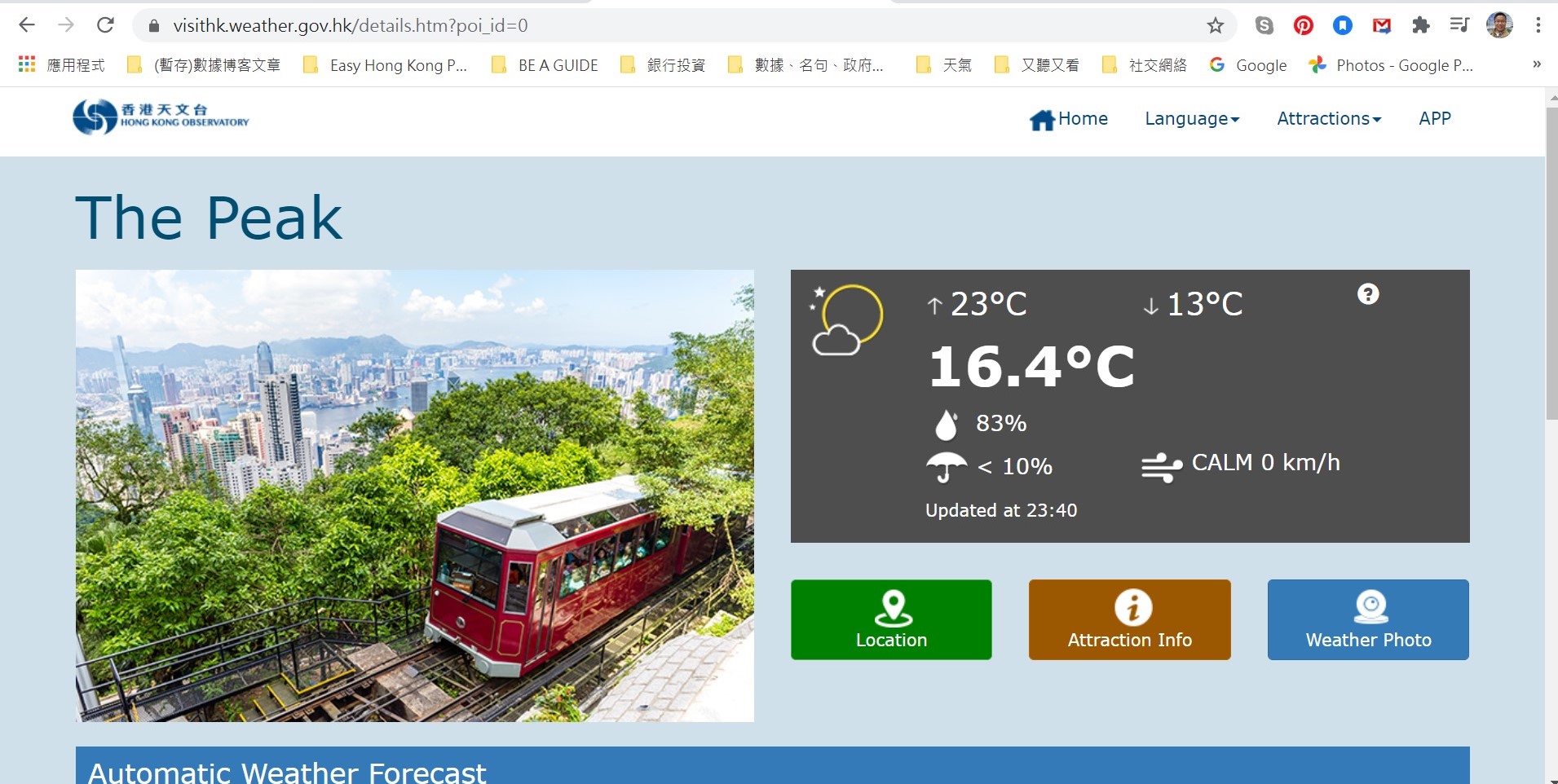 Weather info page for Victoria Peak