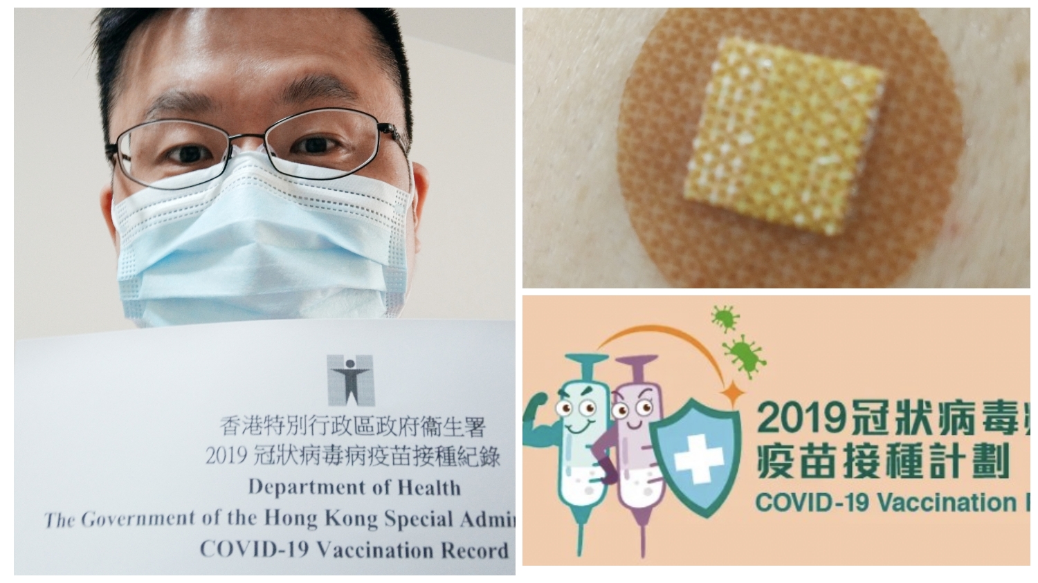 Frank with vaccine record, adhesive bandage, vaccination programme logo