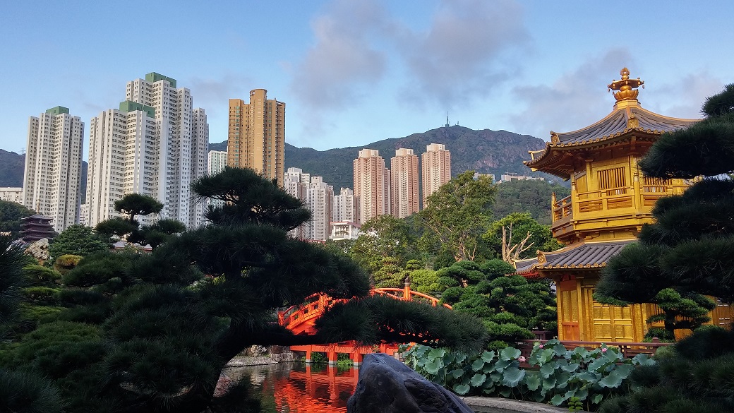 Big contrast between Pavilion of Perfection in the Nan Lian Garden and the high rise residential buildings.