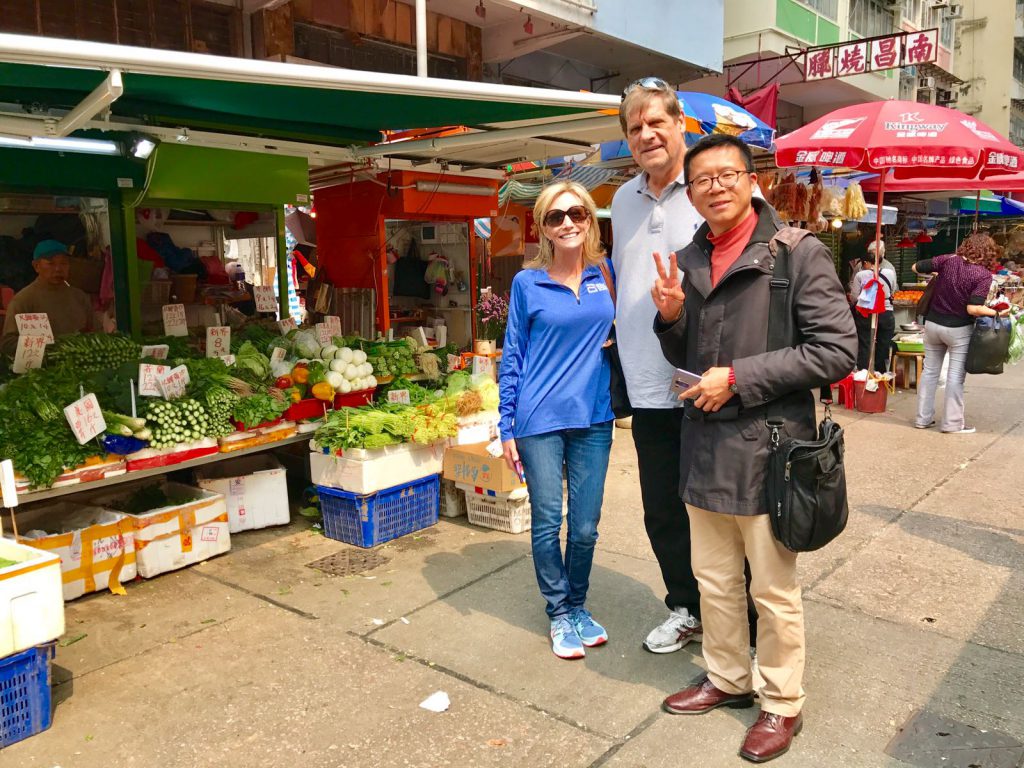Frank the tour guide and Mr and Mrs Clark at Shau Kei Wan Wet Market.