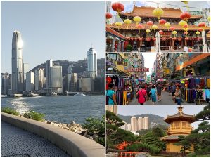 West Kowloon waterfront, skyscrapers, Hong Kong, Wong Tai Sin Temple, Crowds, market, Nan Lian Garden